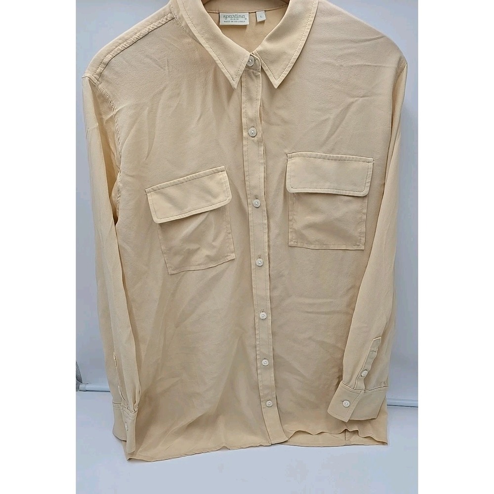 Spartina 449 Honey Wheat Blouse Silk L Quiet Luxury Minimalist Neutral Capsule - Picture 4 of 7